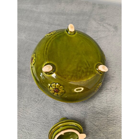 Vintage Green Ceramic Teapot with Floral Relief & Wire Handle 1970s - Picture 5 of 10